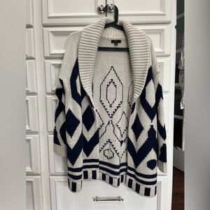 J. Crew Nordic Fair Isle Cardigan Sweater Oversized Blue Beige Shawl Collar XXS